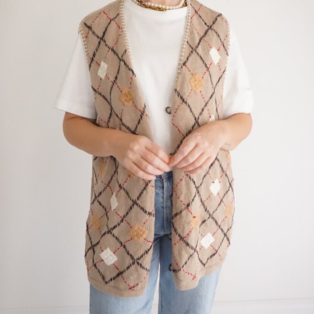 Vintage Cabin Creek Taupe Knit Cross Pattern Cotton Blend Button Sweater Vest 2X - Picture 2 of 10